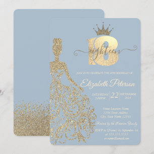 Gold Glitter Dress,Tiara,Dusty Blue 18th Birthday Invitation