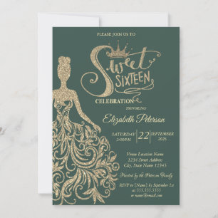 Gold Glitter Dress,Tiara,Green Sweet 16 Invitation