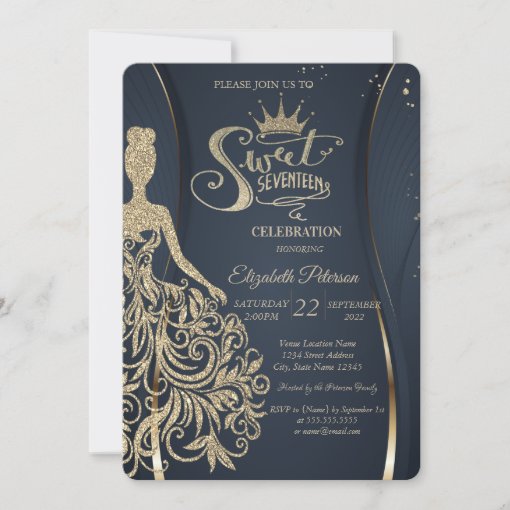 Gold Glitter Dress Tiara Navy Blue Quinceañera Invitation | Zazzle