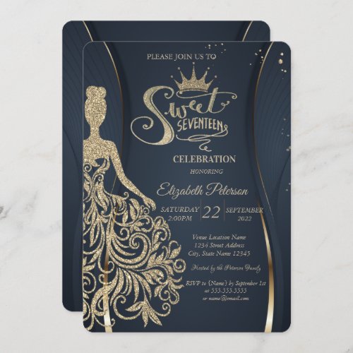 Gold Glitter Dress Tiara Navy Blue Quinceaera   Invitation