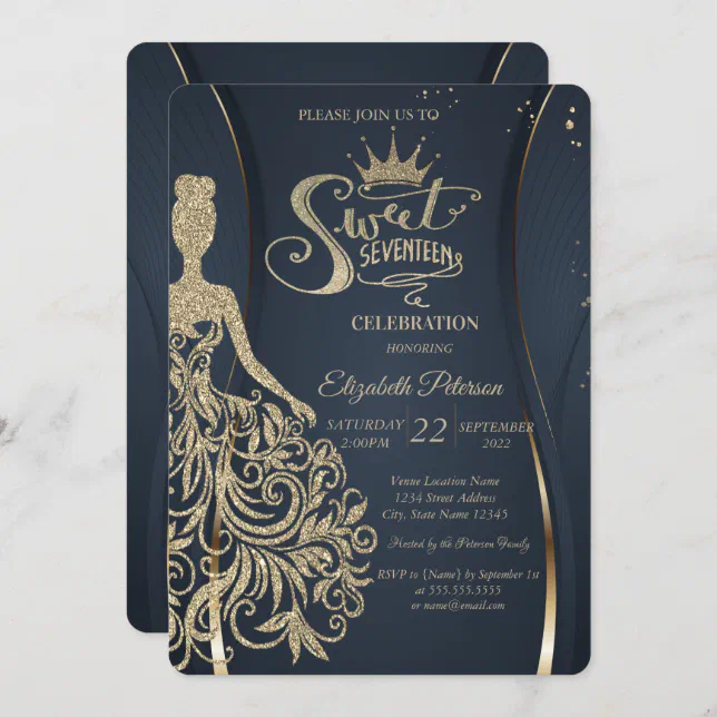 Gold Glitter Dress Tiara Navy Blue Quinceañera Invitation | Zazzle