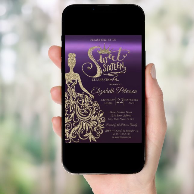 Gold Glitter Dress,Tiara, Purple Sweet 16 Invitation (Front Digital)