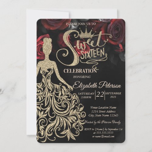 Gold Glitter DressTiaraRed Roses Gothic Invitation