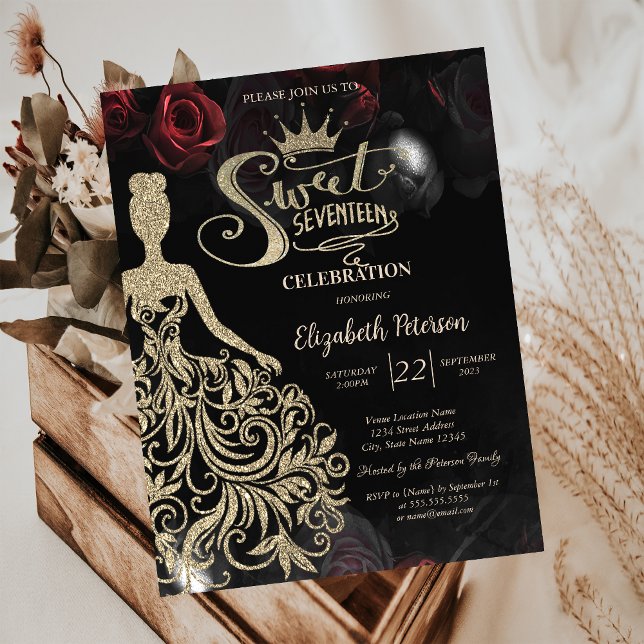 Gold Glitter Dress,Tiara,Roses Sweet 17  Invitation (Creator Uploaded)