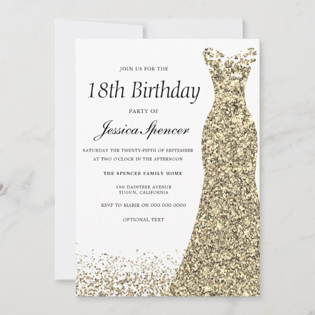 Gold Glitter Dress Womans 18th Birthday Party Invitation (Front)