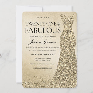 Gold Glitter Dress Womans 21st Birthday Party Invitation
