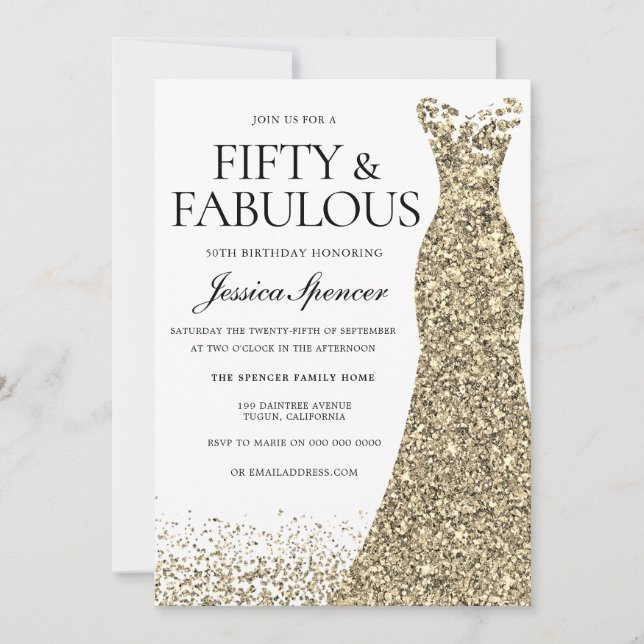 Gold Glitter Dress Womans 50th Birthday Party Invitation | Zazzle