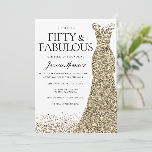 Gold Glitter Dress Womans 50th Birthday Party Invitation | Zazzle