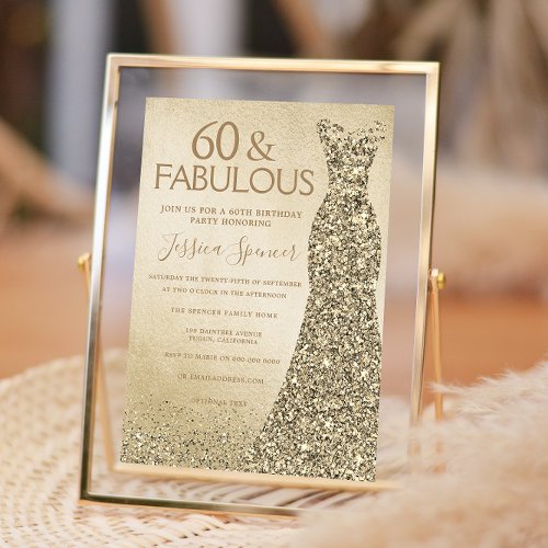 Gold Glitter Dress Womans 60th Birthday Party Invitation