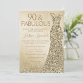 Gold Glitter Dress Womans 90th Birthday Party Invitation (Standing Front)
