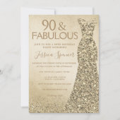 Gold Glitter Dress Womans 90th Birthday Party Invitation (Front)