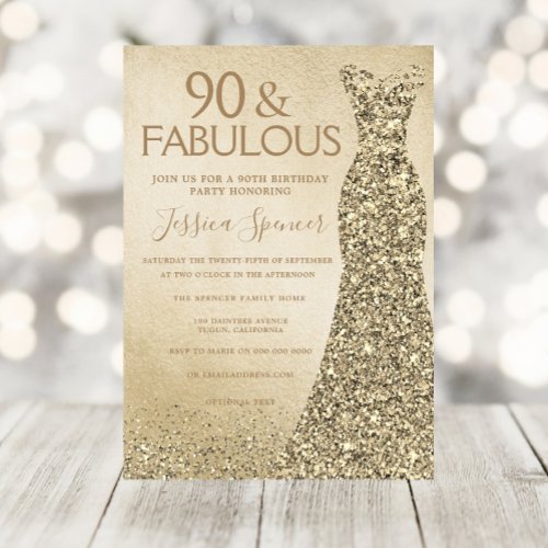 Gold Glitter Dress Womans 90th Birthday Party Invitation