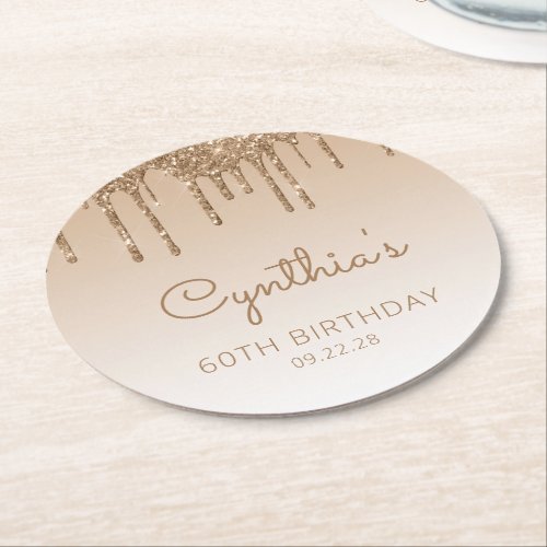 Gold Glitter Drip 60th Birthday Party Round Paper Coaster