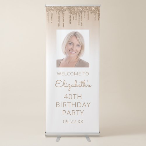 Gold Glitter Drip Custom Photo 40th Birthday Party Retractable Banner