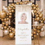 Gold Glitter Drip Custom Photo 40th Birthday Party Retractable Banner<br><div class="desc">Welcome guests to her 40th birthday party with this chic retractable banner, featuring a sparkly gold faux glitter drip border above her photo on a gold ombre background. Personalize it with her name in gold colored handwriting script, with her birthday and date below in sans serif font. Easily replace the...</div>