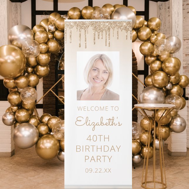 Gold Glitter Drip Custom Photo 40th Birthday Party Retractable Banner (Creator Uploaded)