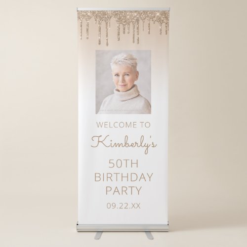 Gold Glitter Drip Custom Photo 50th Birthday Party Retractable Banner