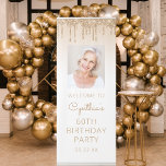 Gold Glitter Drip Custom Photo 60th Birthday Party Retractable Banner<br><div class="desc">Welcome guests to her 60th birthday party with this chic retractable banner, featuring a sparkly gold faux glitter drip border above her photo on a gold ombre background. Personalize it with her name in gold colored handwriting script, with her birthday and date below in sans serif font. Easily replace the...</div>