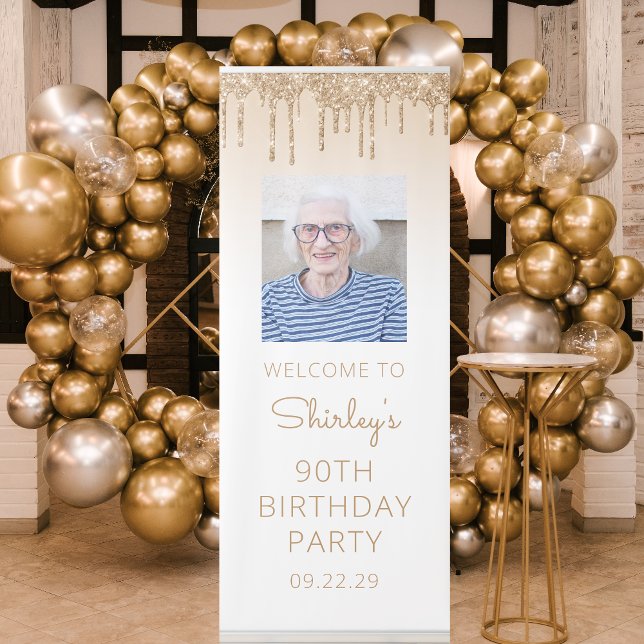 Gold Glitter Drip Custom Photo 90th Birthday Party Retractable Banner (Creator Uploaded)