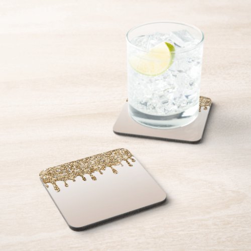 Gold Glitter Drip Dripping Ice Sparkle Beverage Coaster