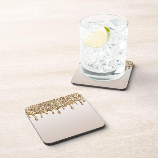 Gold Glitter Drip Dripping Ice Sparkle Beverage Coaster (Right Side)