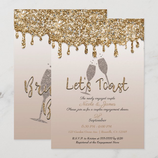 Gold Glitter Drip Glam Brunch Engagement Shower Invitation (Front/Back)