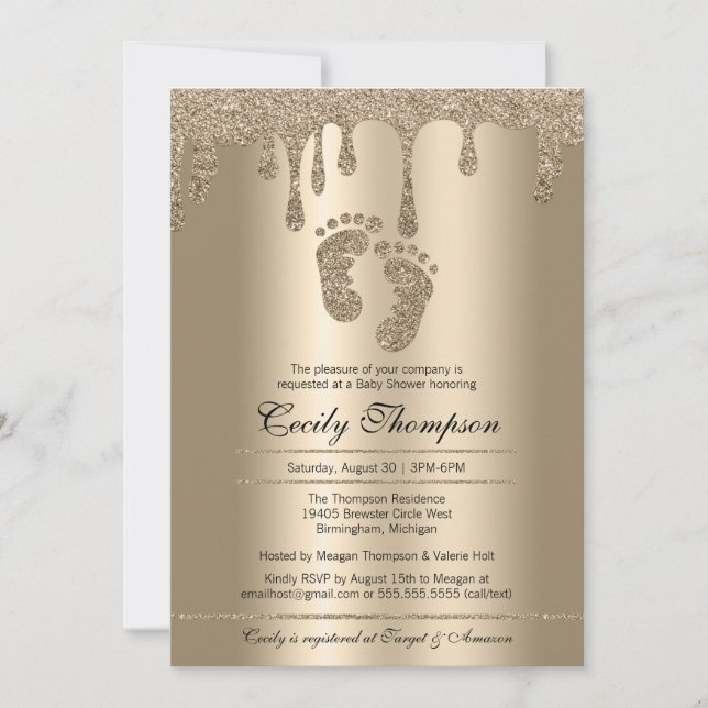 Gold Glitter Drip Luxury Metallic Baby Feet Shower Invitation (Front)