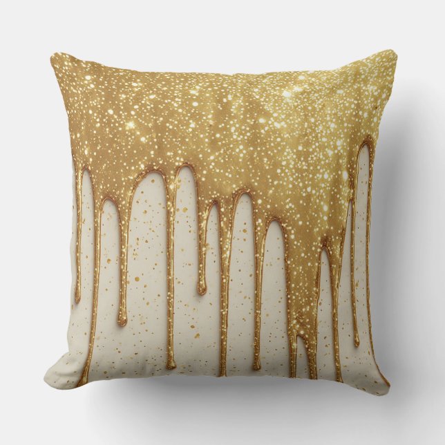 Gold Glitter Drip Luxury Sparkling Particles Throw Pillow (Front)