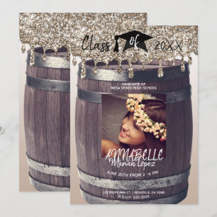 Gold Glitter Drip Modern Rustic Graduation Photo Invitation