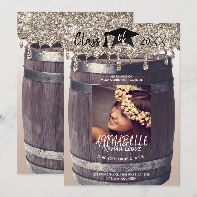 Gold Glitter Drip Modern Rustic Graduation Photo Invitation (Front/Back)