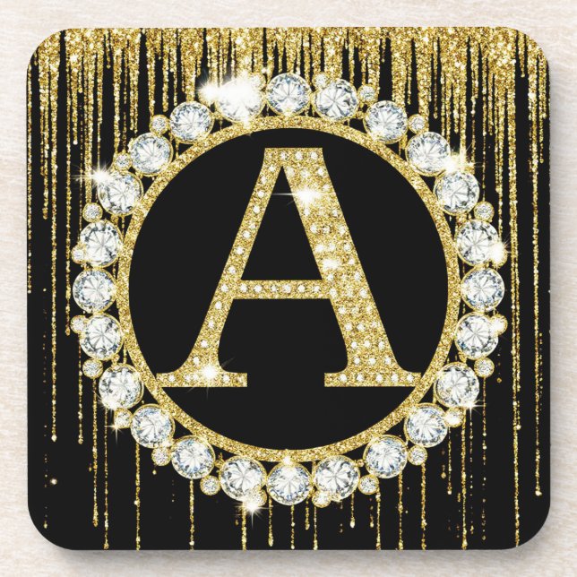 Gold Glitter Drip Monogram A Personal Initial Beverage Coaster (Front)