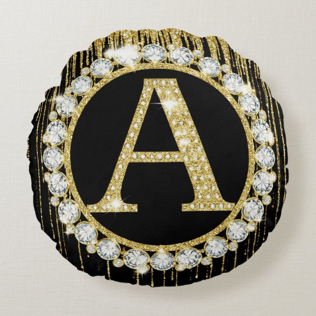 Gold Glitter Drip Monogram A Personal Initial Round Pillow (Front)
