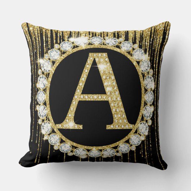 Gold Glitter Drip Monogram A Personal Initial Throw Pillow (Front)