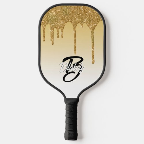 Gold Glitter Drip Monogram Cute Girly Sparkle Pickleball Paddle