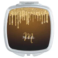 Monogram Metallic Rose Gold Pink Glitter Drips Compact Mirror