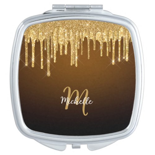 Gold Glitter Drip Monogram Sparkle Cute Girly Compact Mirror
