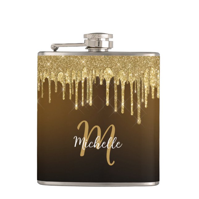 Gold Glitter Drip Monogram Sparkle Cute Girly Flask (Front)