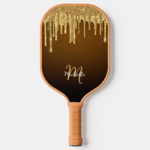 Gold Glitter Drip Monogram Sparkle Cute Girly Pickleball Paddle