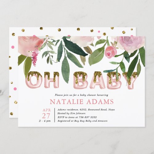 Gold Glitter Drip Oh Baby Blush Floral Baby Shower Invitation