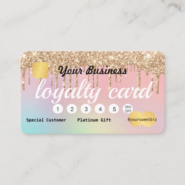 Gold Glitter Drip Ombre Loyalty Credit Business Card (Front)