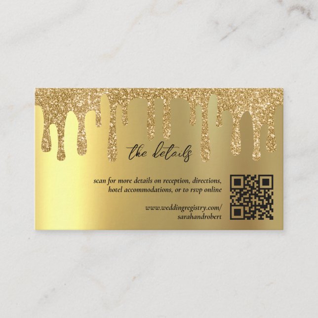 Gold Glitter Drip QR Code Wedding Details Enclosure Card (Front)