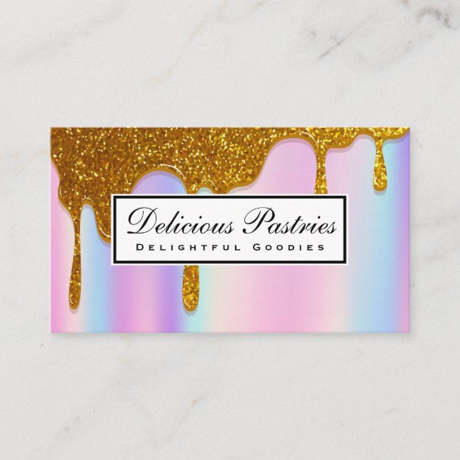 Gold Glitter Drip | Rainbow Blend Background Business Card (Front)