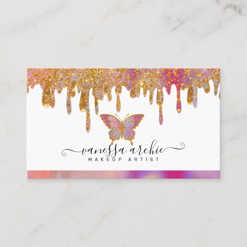 Gold Glitter Drip Rainbow Butterfly Logo Business Card