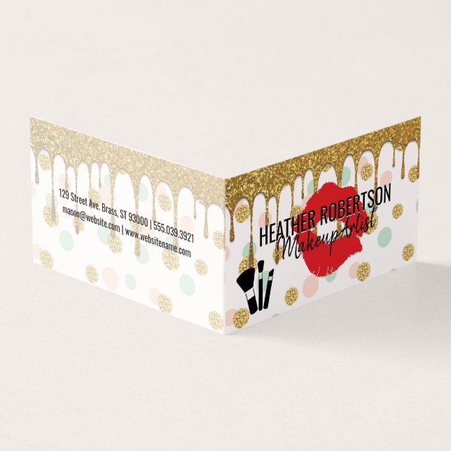 Gold Glitter Drip | Red Kiss | Polka Dot Pattern Business Card (Outside)