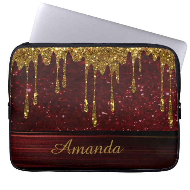 Gold Glitter Drip Red Sparkle Electronics Bag (Front)