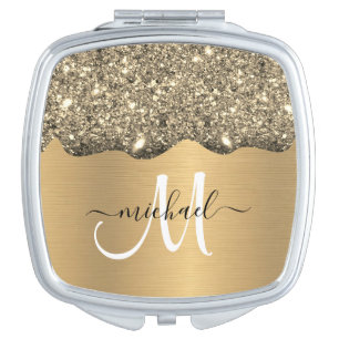 Gold Glitter Drip sparkle Metal Monogram Name Compact Mirror