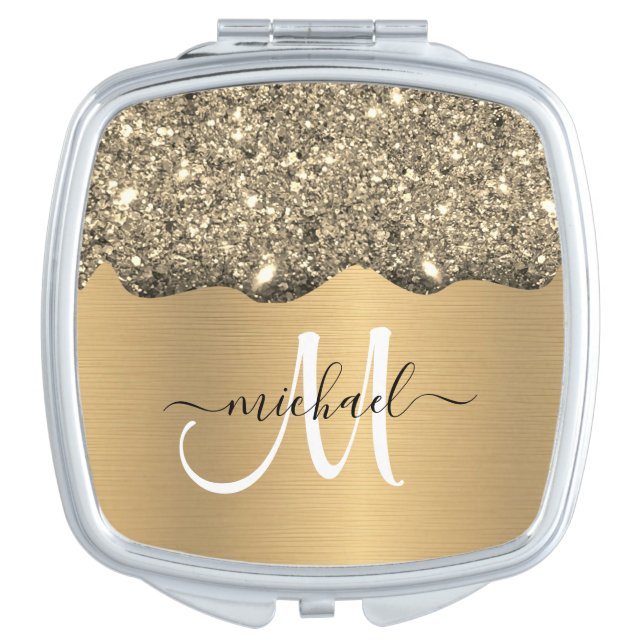 Gold Glitter Drip sparkle Metal Monogram Name Compact Mirror (Front)