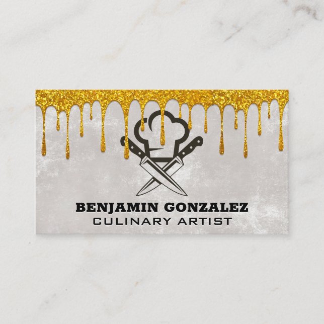 Gold Glitter Dripping | Chef Hat Knives Business Card (Front)