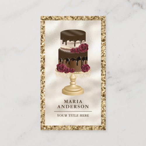 Gold Glitter Dripping Chocolate Cake Floral Bakery Business Card