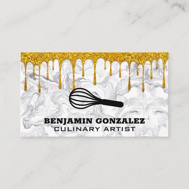 Gold Glitter Dripping | Whisk | Modern Marble Business Card (Front)
